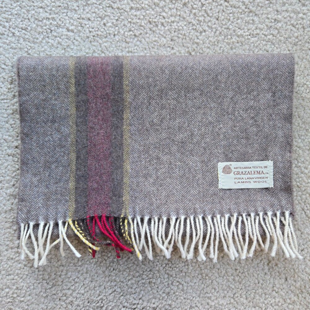 NWOT Wool Herringbone Scarf Brown with Burgundy & Yellow Stripe